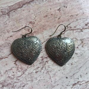 Exquisite vintage sterling silver etched heart puffy earrings